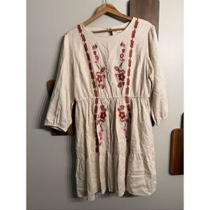 Roolee cream pink Floral Embroidered Short Sleeve Babydoll Dress Size Medium